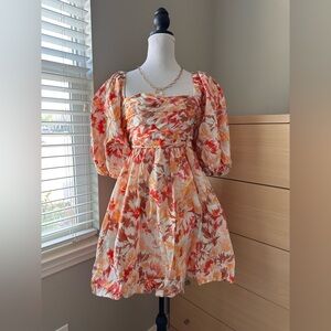 Abercrombie & Fitch Floral Puff-Sleeve Mini Dress in Peach, Coral & Cream-0021